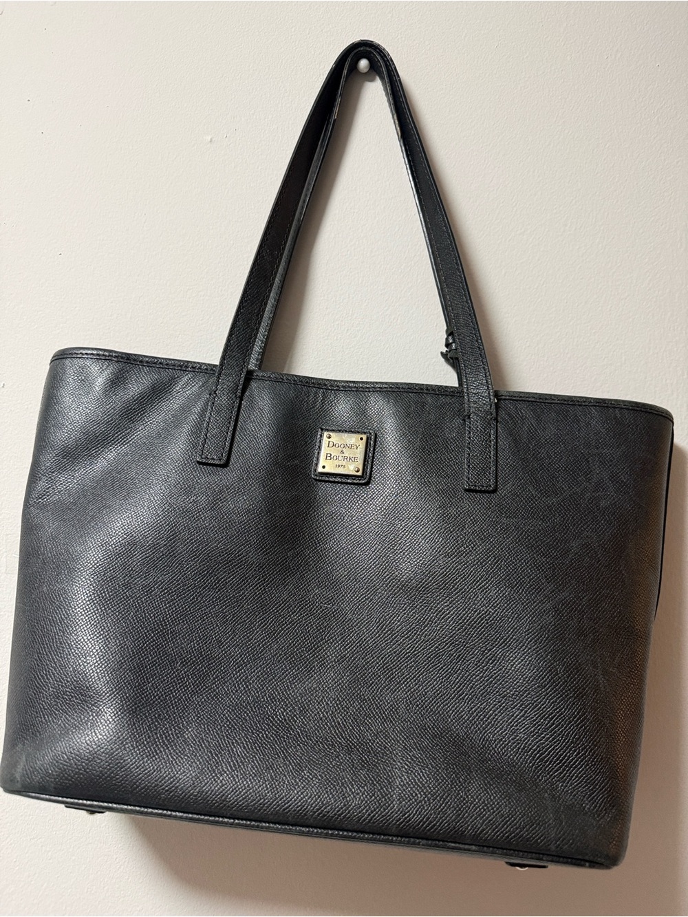 Dooney & Bourke Black Leather Tote with Logo Plaque